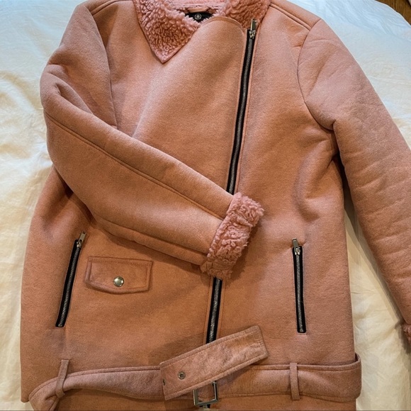 Misguided pink shearling moto jacket size 8 - Picture 2 of 4